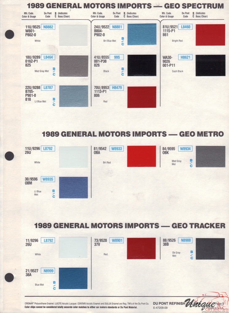 1989 General Motors Import Paint Charts DuPont 1